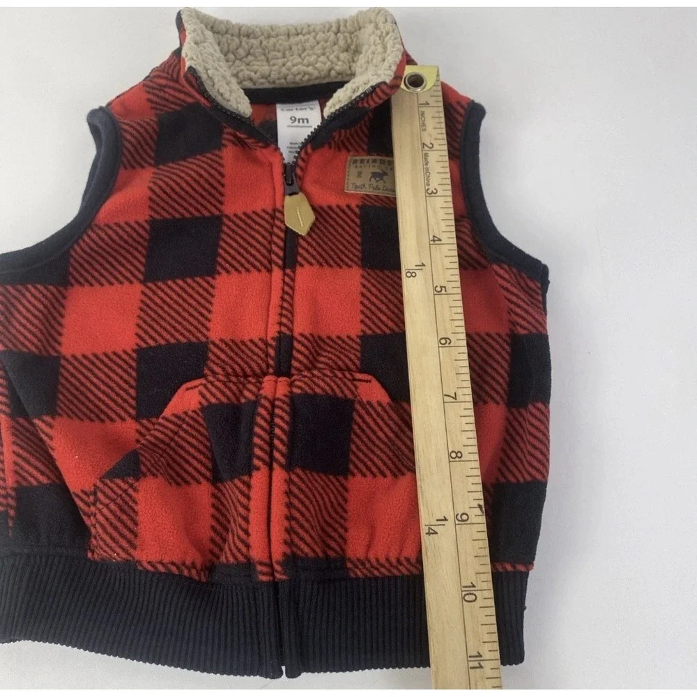 Carter's Fleece Vest 9m Red Buffalo Plaid Reindeer Racing‎ Crew Kids